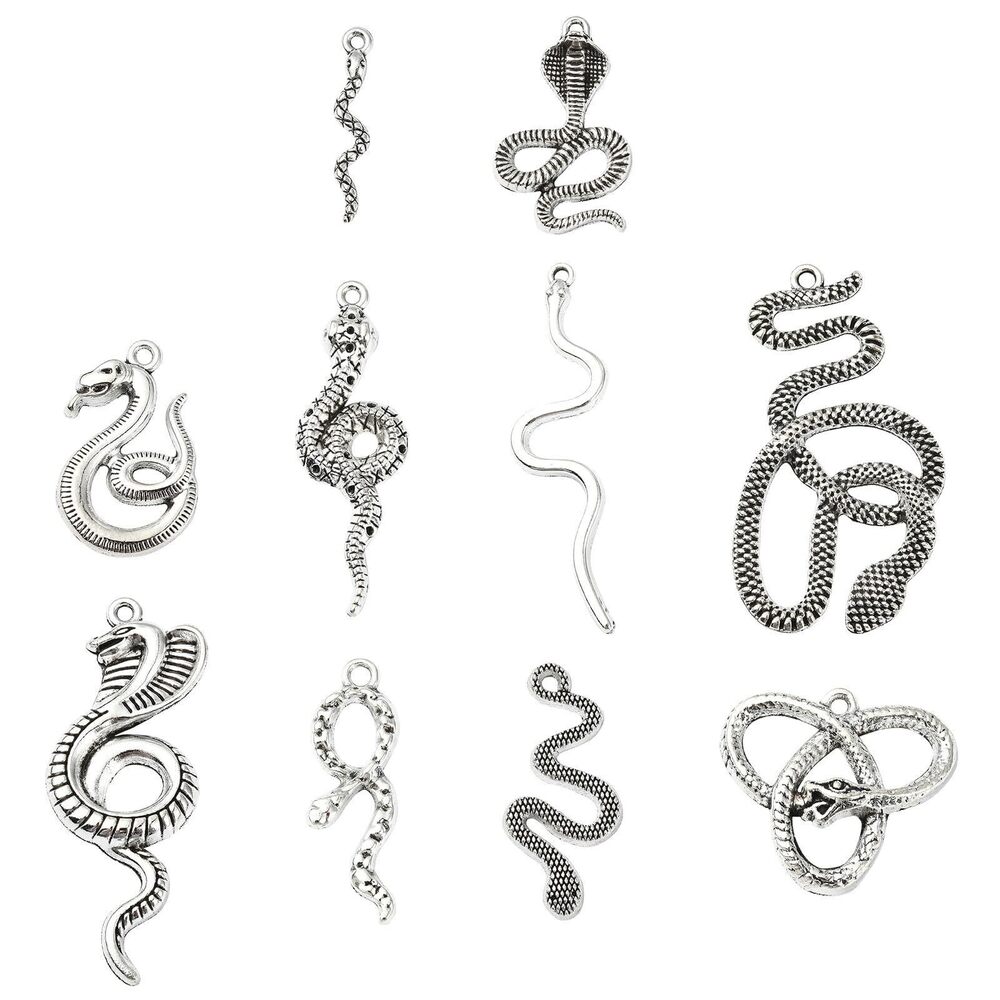 2497 100Pcs 10 Styles Tibetan Style Snake Charms Antique Silver Animal